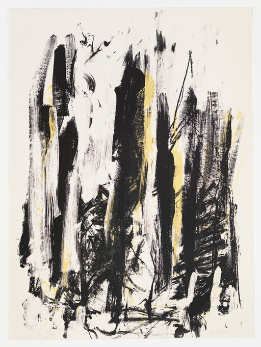 Bold black vertical brushstrokes with yellow accents on a white background create an abstract forest.