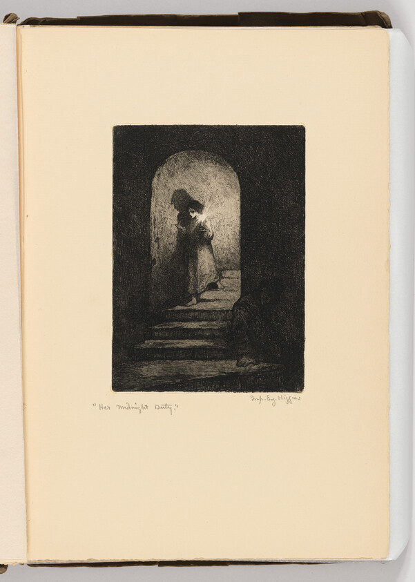 Woman carrying a candle down stone steps in a dark arched passageway.