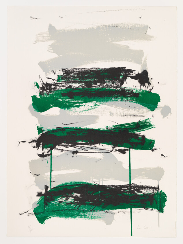 Abstract painting with bold green and black horizontal brushstrokes over muted gray washes.