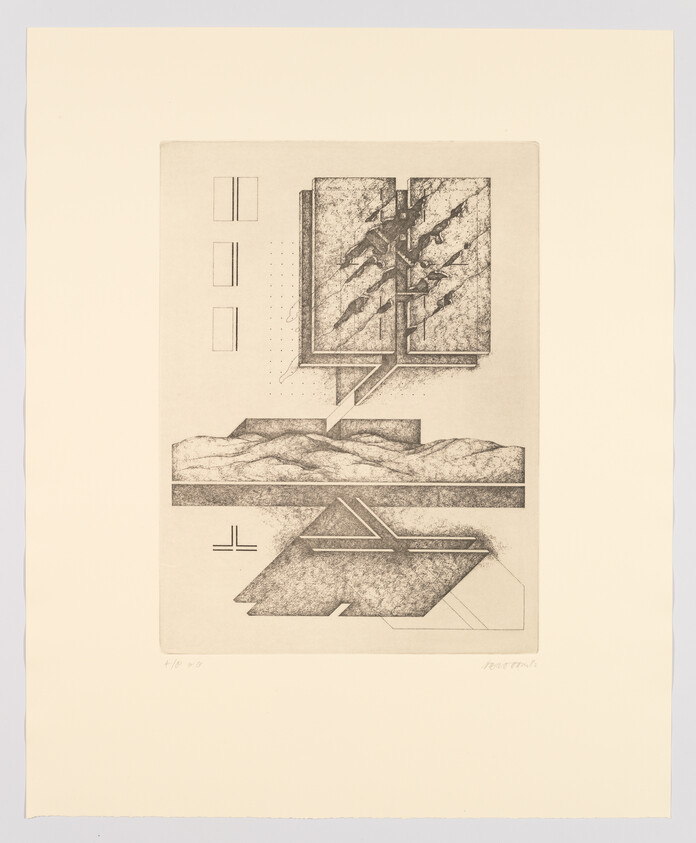 A technical-style drawing showing layered geometric planes and textured landscape sections connected by angular pathways.