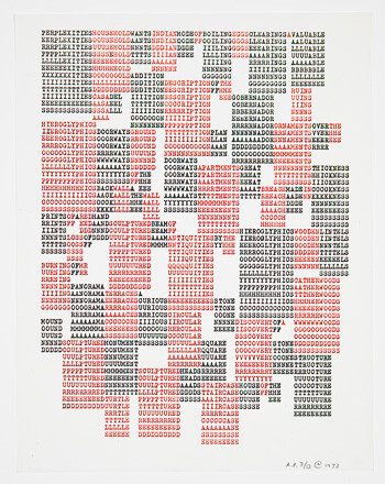 Artwork of text forming an abstract human face, with red highlights emphasizing facial features.