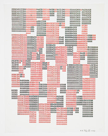 Abstract grid of red and black letters arranged in vertical and horizontal blocks on white background.