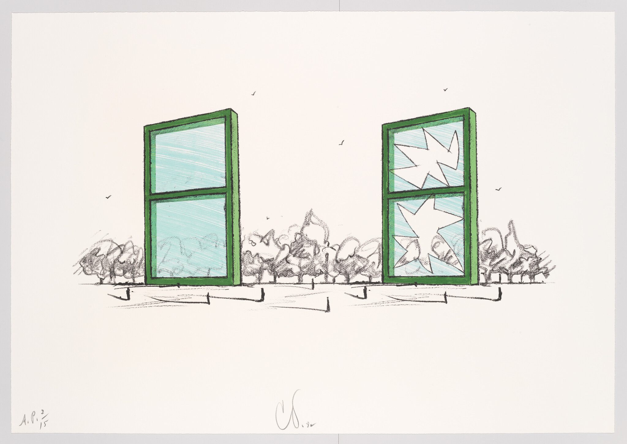 Two green-framed windows stand in a landscape, the right window glass shattered into star-shaped cracks.