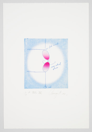 Two pink oval shapes are stacked on a thin vertical line against a soft blue circular background.