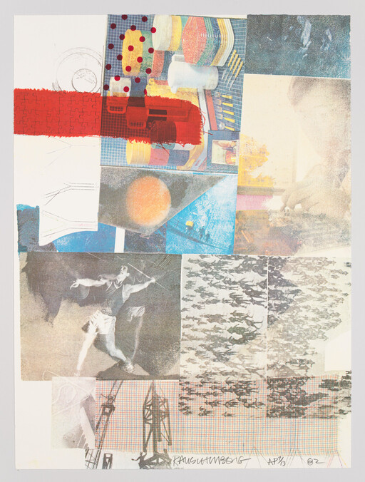 Colorful collage combining geometric shapes, photographic figures, a red stripe, and repeated crowd silhouettes.
