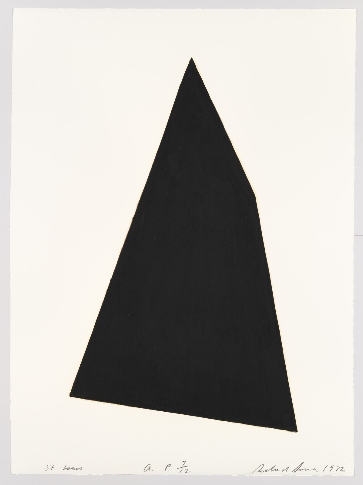 A large solid black triangular shape tilts slightly on a white background like abstract art.