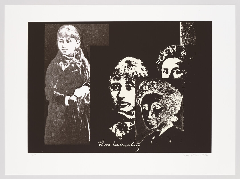 Several vintage women's portraits are arranged in a dark collage with a handwritten signature below.