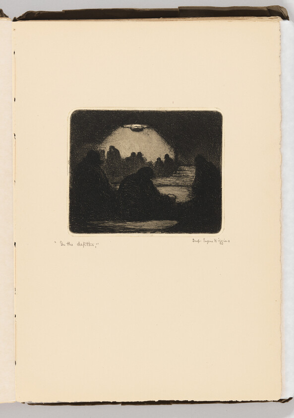 Several shadowed figures sit around a small light in a dark cave-like space.