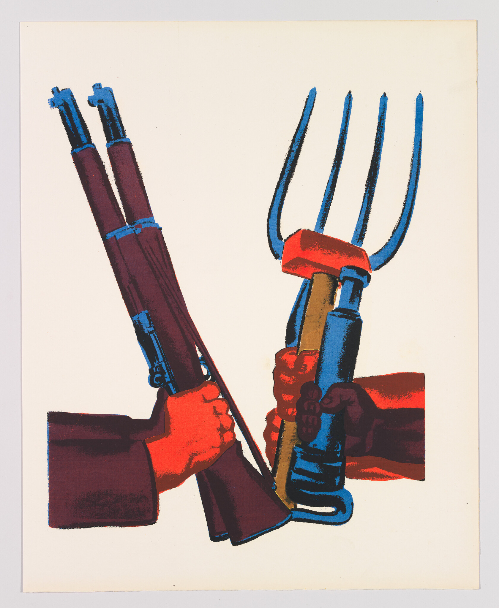 Two hands hold rifles and farm tools together, symbolizing unity between workers and soldiers.