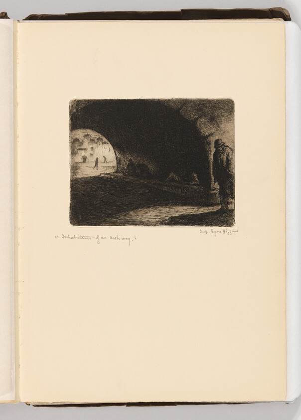 Two figures stand in a dark archway watching a person walk toward sunlit ruins.