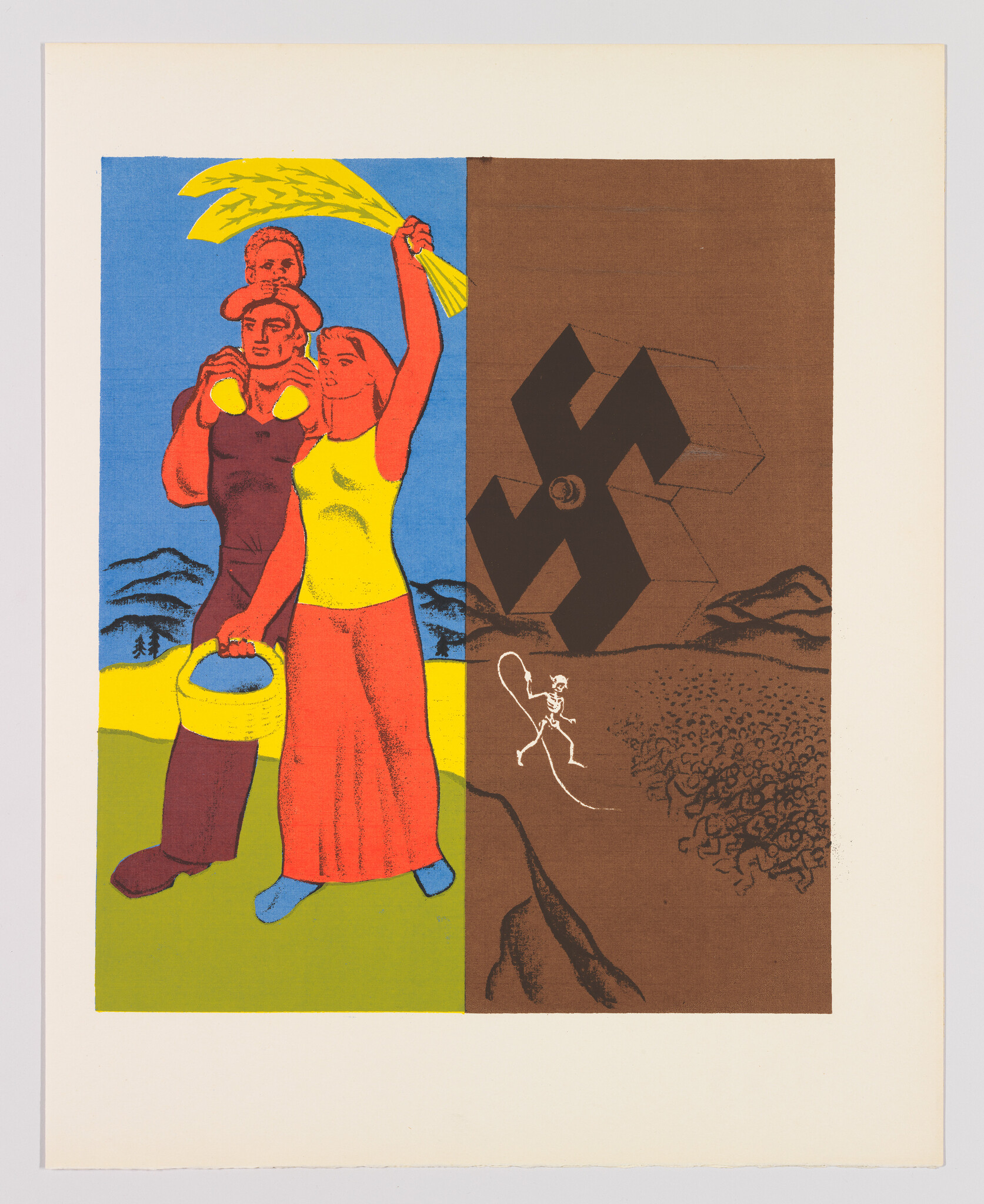 Three farmers stand with wheat and a child while a large swastika looms over a crowd.