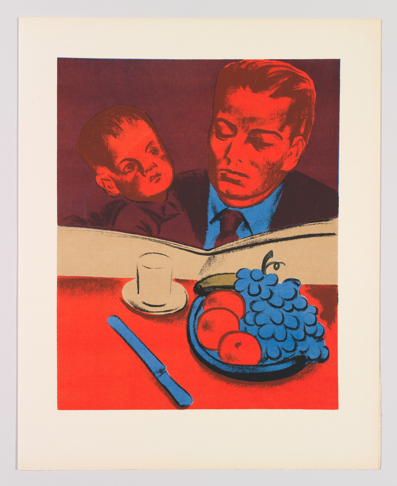 A stylized print featuring a man and a child with red and blue tones against a red background. The man, looking pensive and slightly downward, wears a blue suit, while the child gazes at him. In the foreground, there's a table with a glass of milk, a blue knife, and a plate with grapes and apples, all resting on a vibrant red tablecloth. The artwork has a bold, graphic quality with a limited color palette.