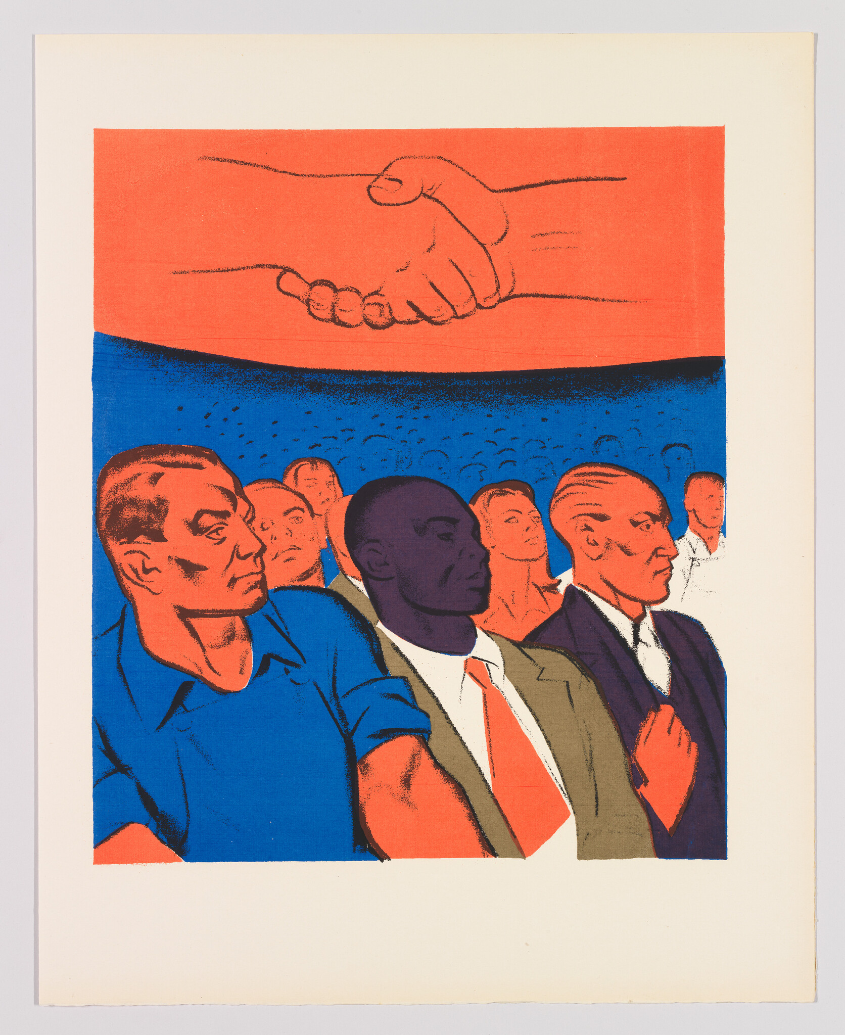 A diverse group of men in a crowd looking forward beneath a large handshake symbol.