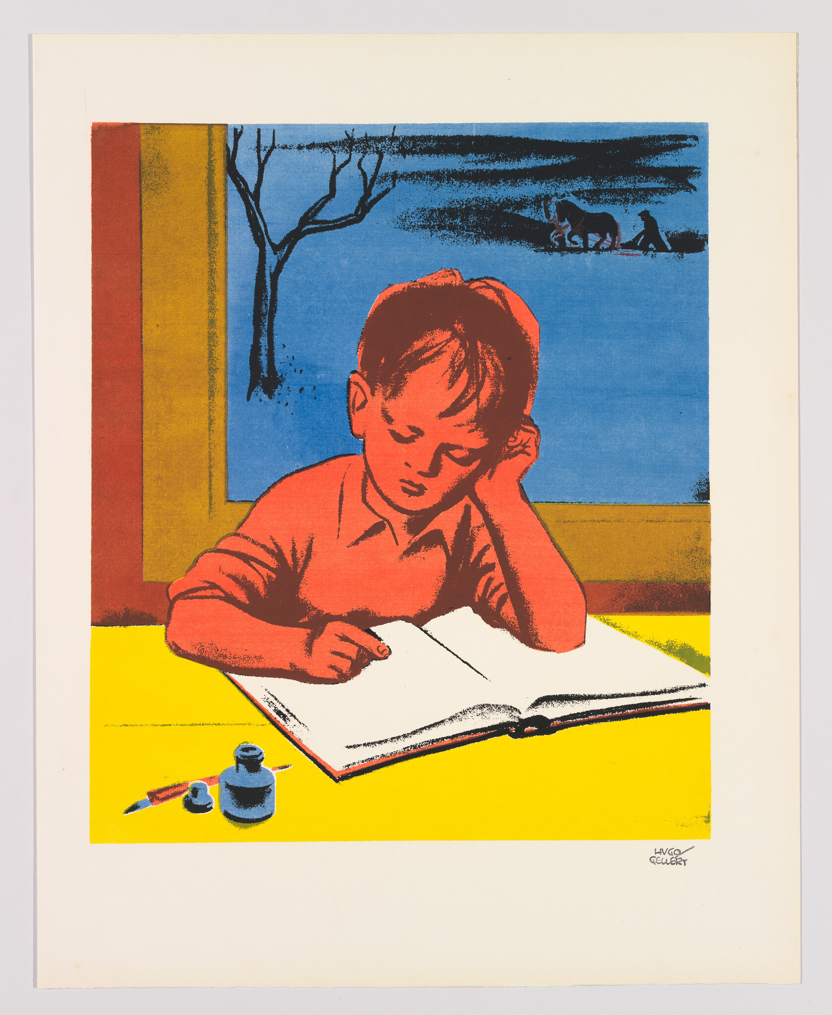 A boy leans on his hand while reading and writing in a large open book.
