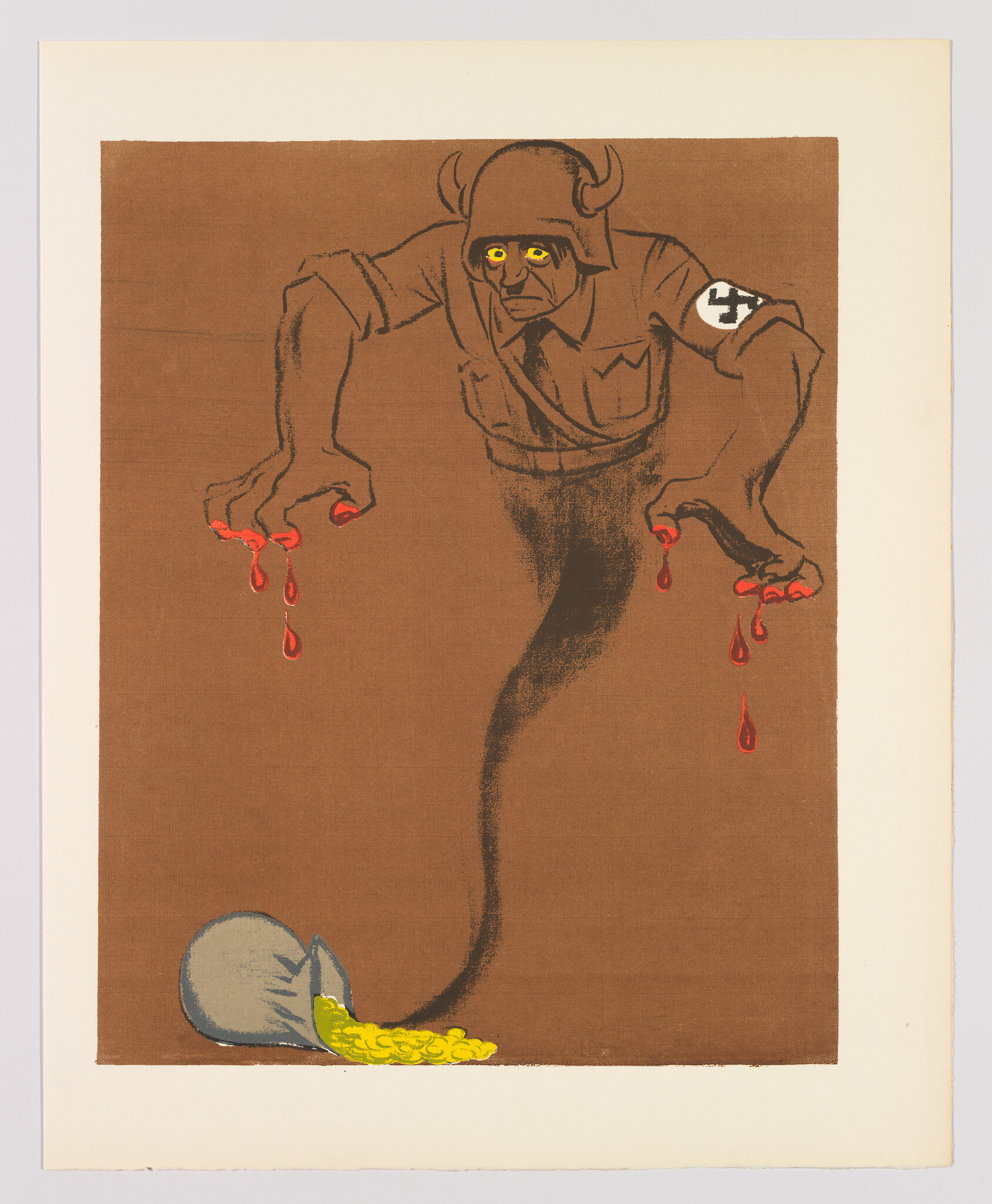 Illustration of a menacing figure with bull-like features, wearing a military uniform with a swastika armband, standing over a broken figure spilling coins. The bull figure's hands are dripping with blood, symbolizing violence and oppression.