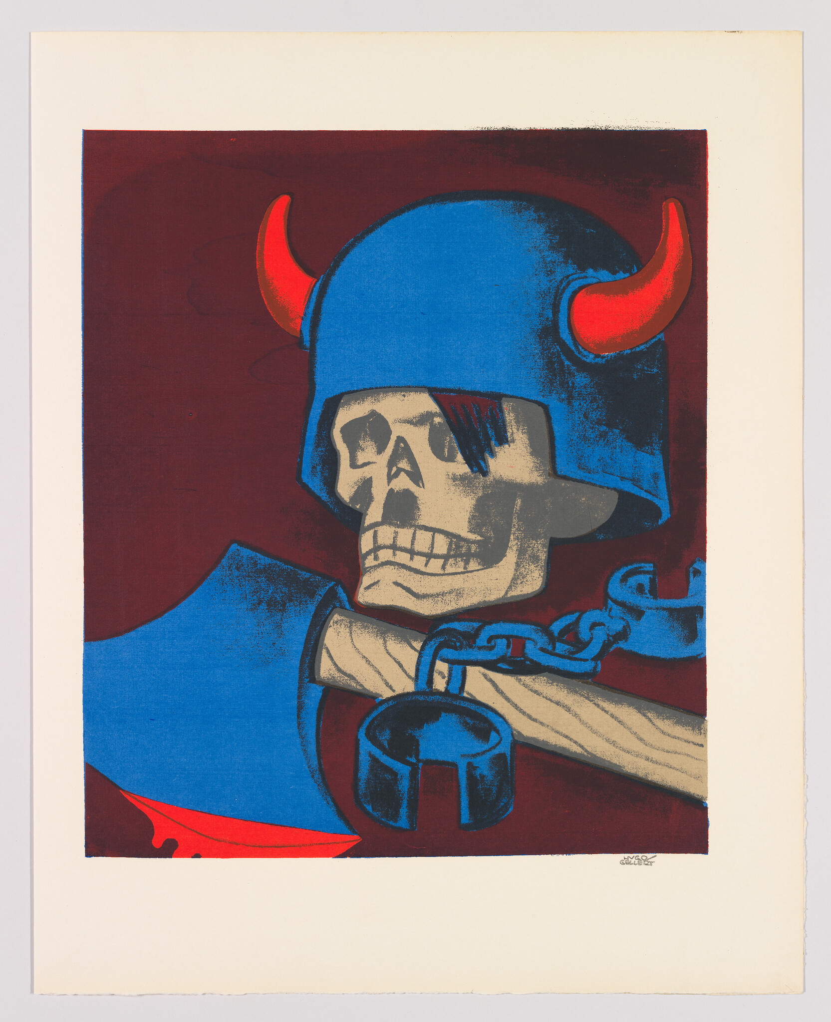 A skull wearing a blue helmet with red horns beside a chained shackle and axe.