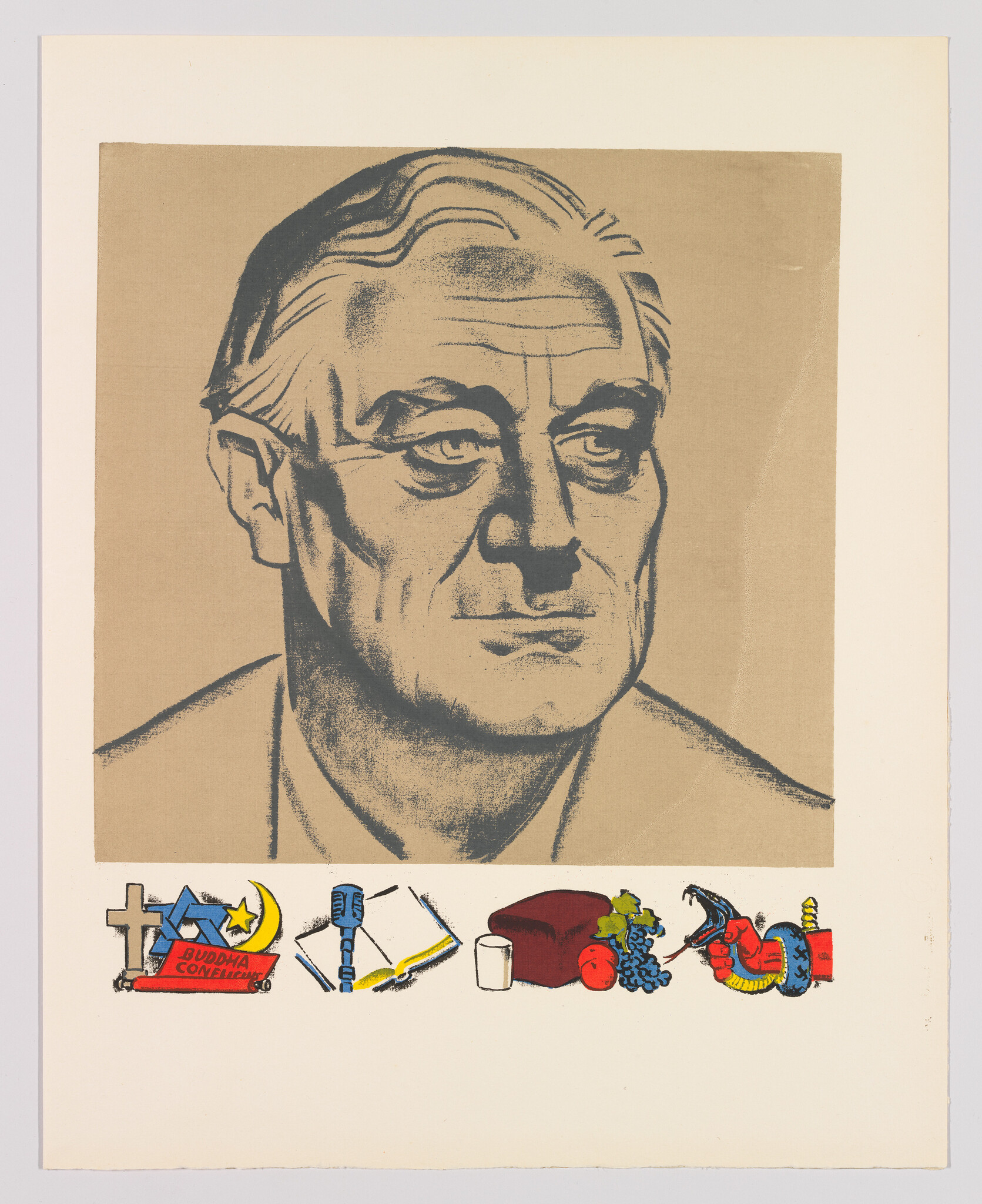 A large stylized portrait of a solemn older man with a row of small colorful symbols along the bottom.