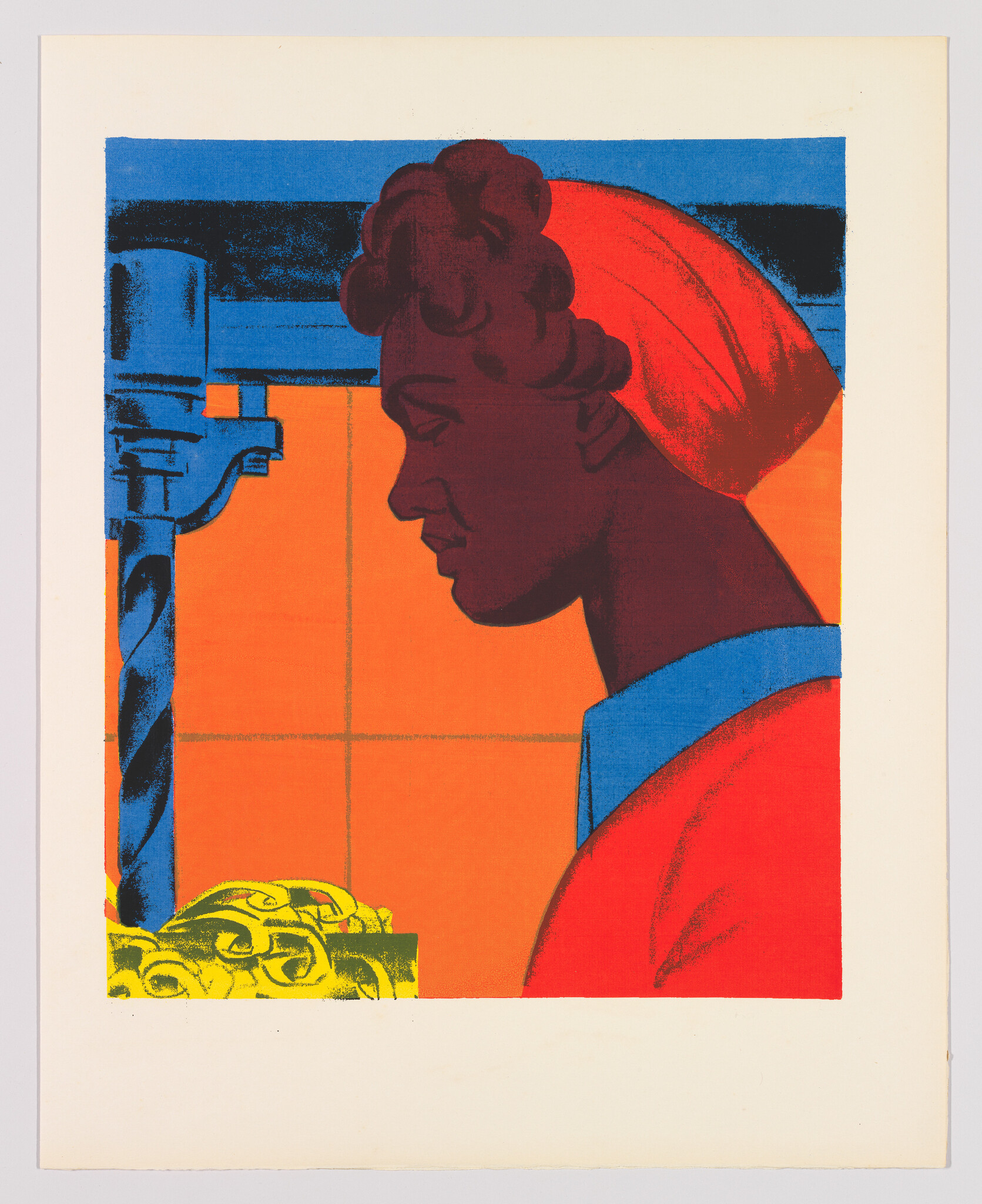 A colorful print depicting the profile of a person with stylized features, wearing a red headscarf and a blue garment, set against a background with blue, orange, and yellow blocks of color. The person appears contemplative or focused, and there is an abstract yellow shape in the lower left corner that could represent machinery or an object of interest.
