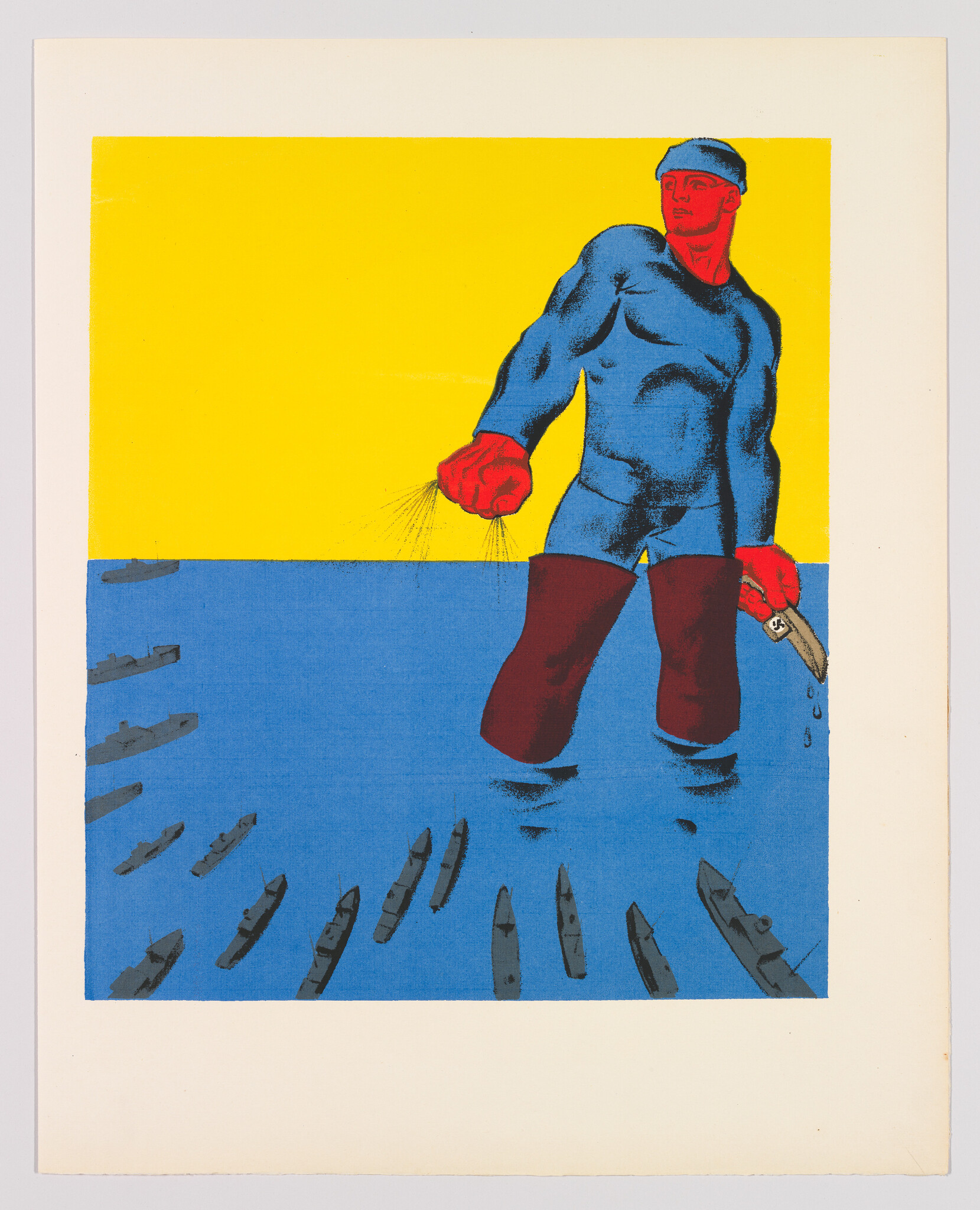 A stylized print featuring a muscular figure in blue with a red glove and cap, standing above a blue sea with grey submarines. The background is split with a yellow top half. The figure appears to be dropping coins or metal pieces into the water, creating ripples around the submarines.