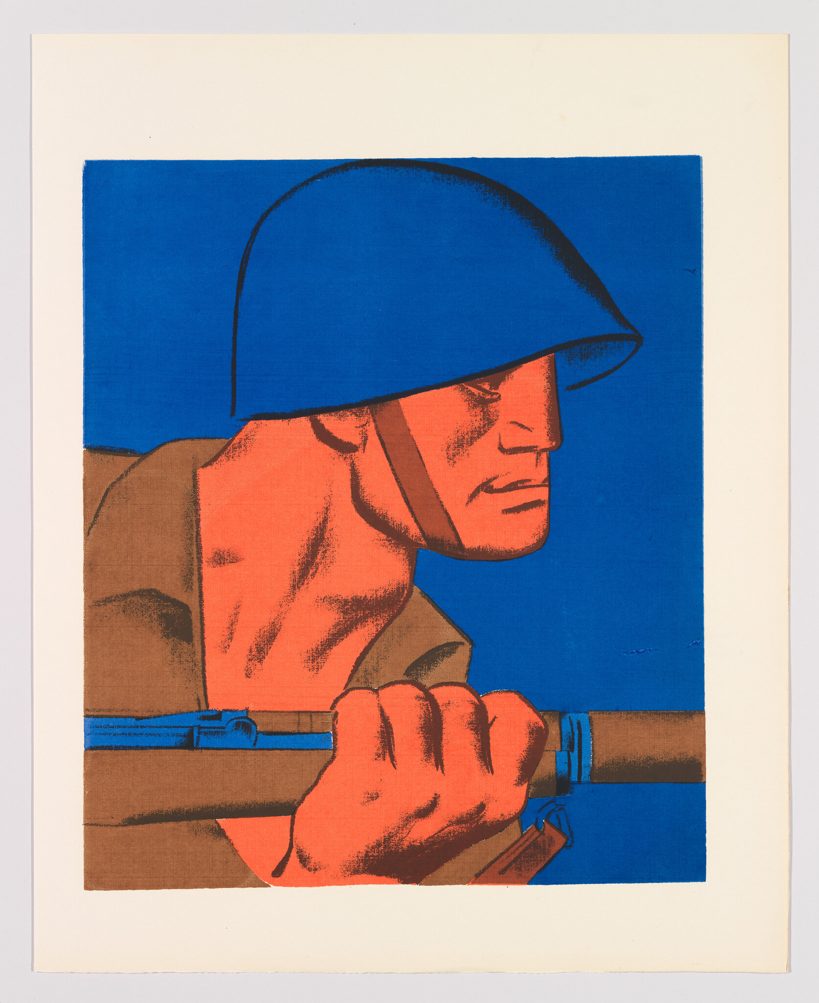 Illustration of a soldier in profile view wearing a blue helmet and holding a rifle with both hands. The background is a solid blue color, and the soldier's face and hands are depicted in a stylized manner with bold lines and flat areas of color.