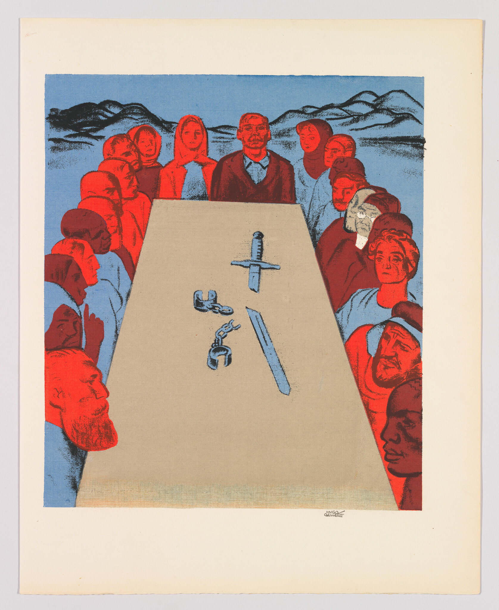 A stylized print depicting a group of solemn-faced individuals seated around a table, with a prominent blue and red color scheme. In the center of the table lies a pair of pliers, a nail, and a bolt, suggesting a theme of labor or industry. The background features a simple representation of mountains under a blue sky. The artwork has a signature at the bottom right corner.