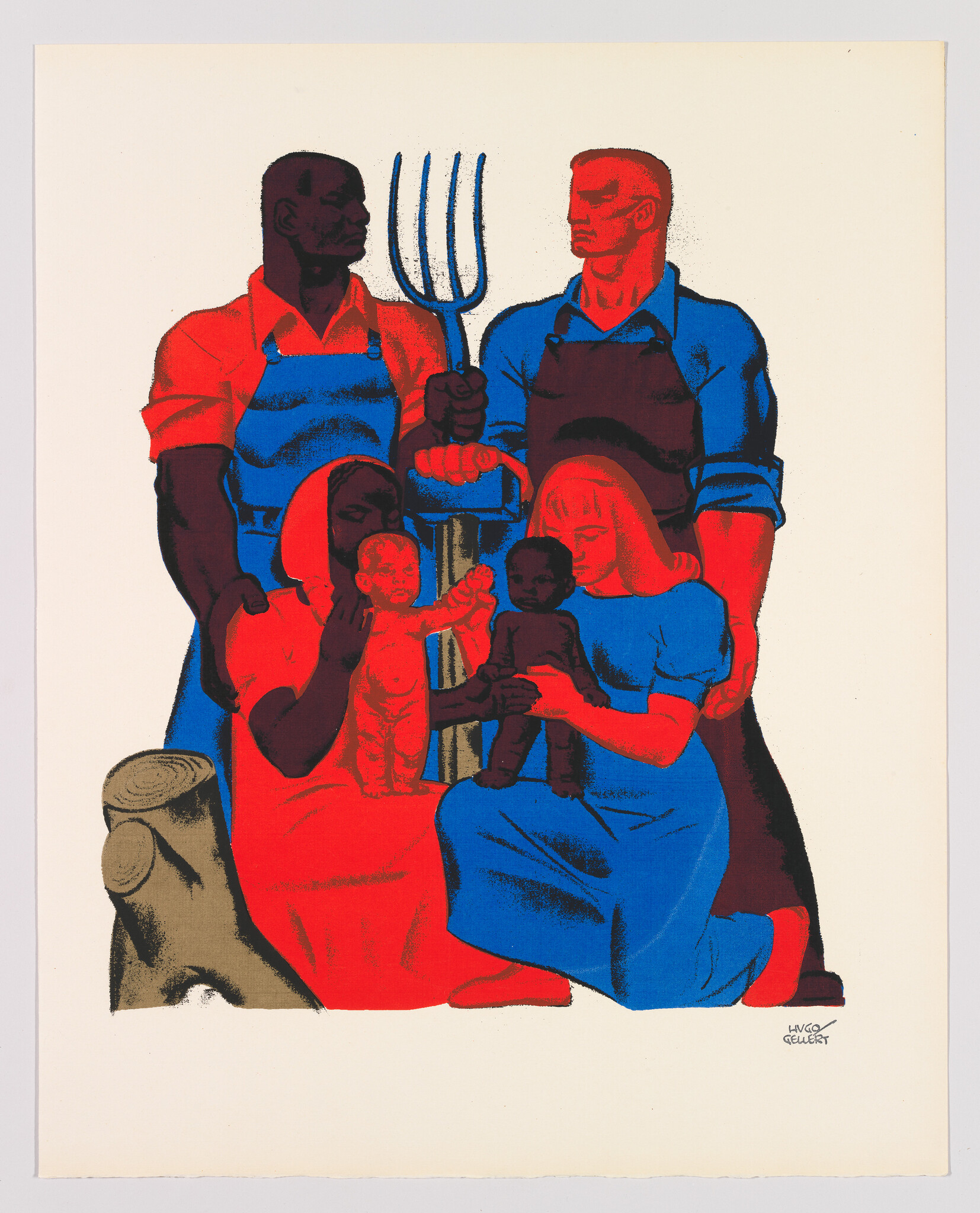 A stylized print depicting two standing men and two seated women with three children, rendered in bold red, blue, and black colors. The man on the left holds a pitchfork, and the group appears to be a collective representation of a family or community. The artwork has a signature in the bottom right corner.