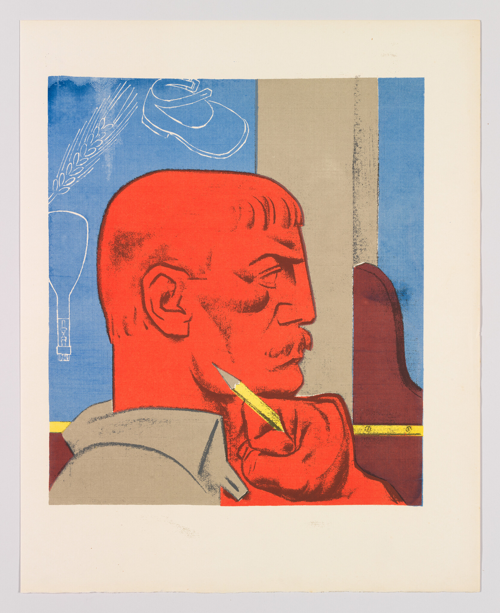 A red-toned man in profile holds a pencil to his chin while looking forward.