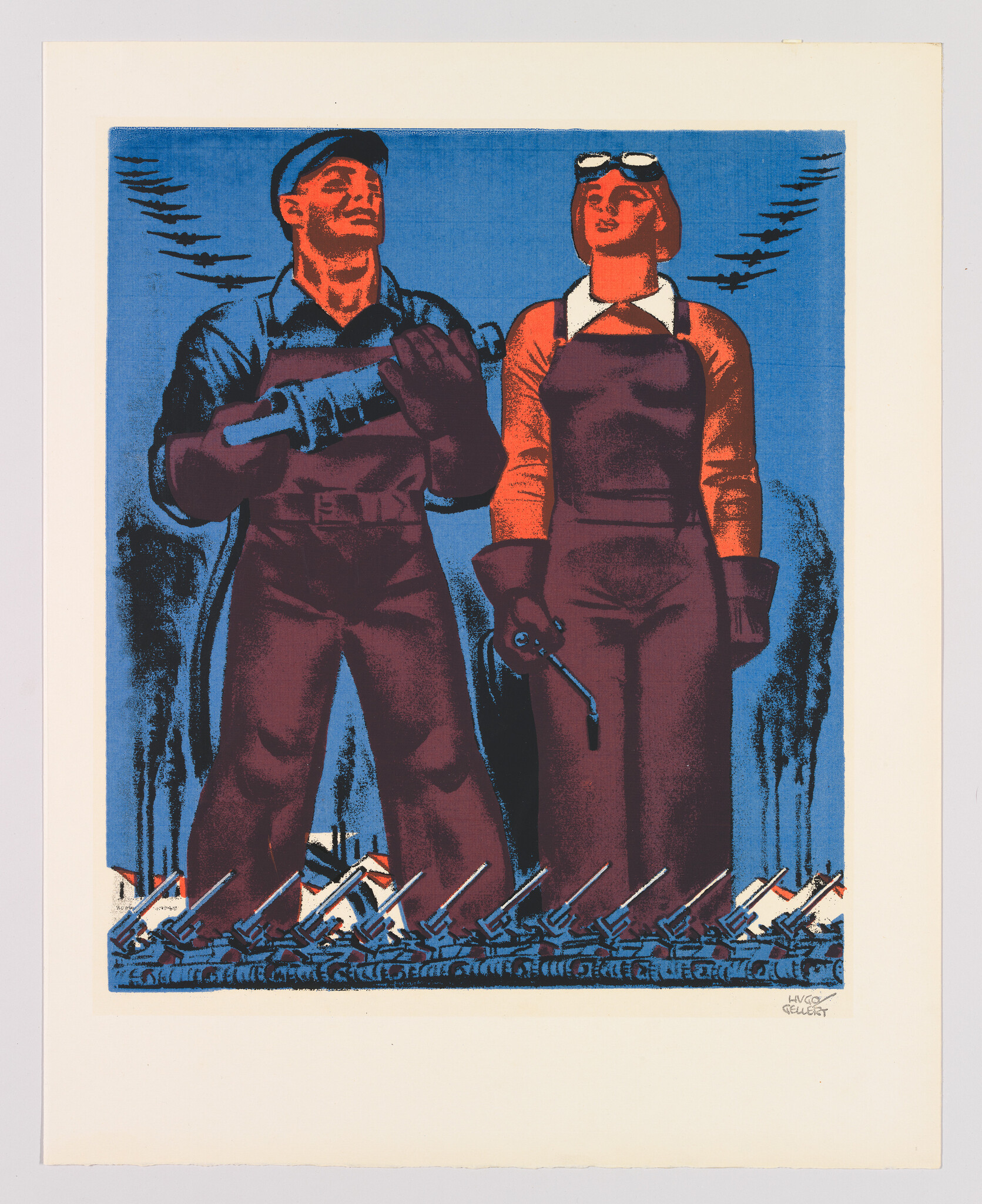 A male and female industrial worker stand resolute holding tools with warplanes overhead and artillery below.