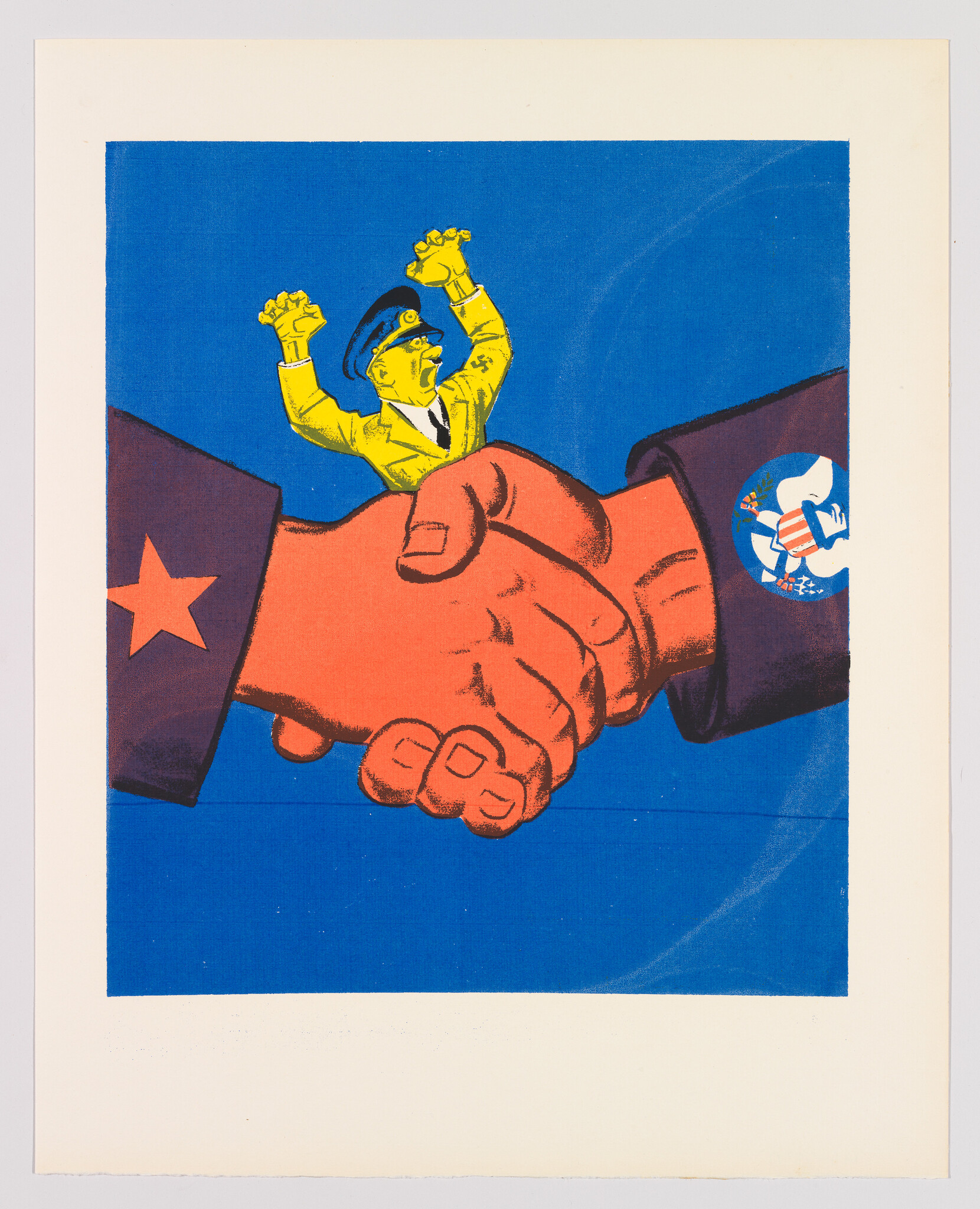A vibrant propaganda poster featuring a handshake between two large, muscular hands, one with a red star on the cuff and the other with a peace symbol. Above the handshake, a small figure in a military uniform is depicted cheering with raised fists against a blue background.