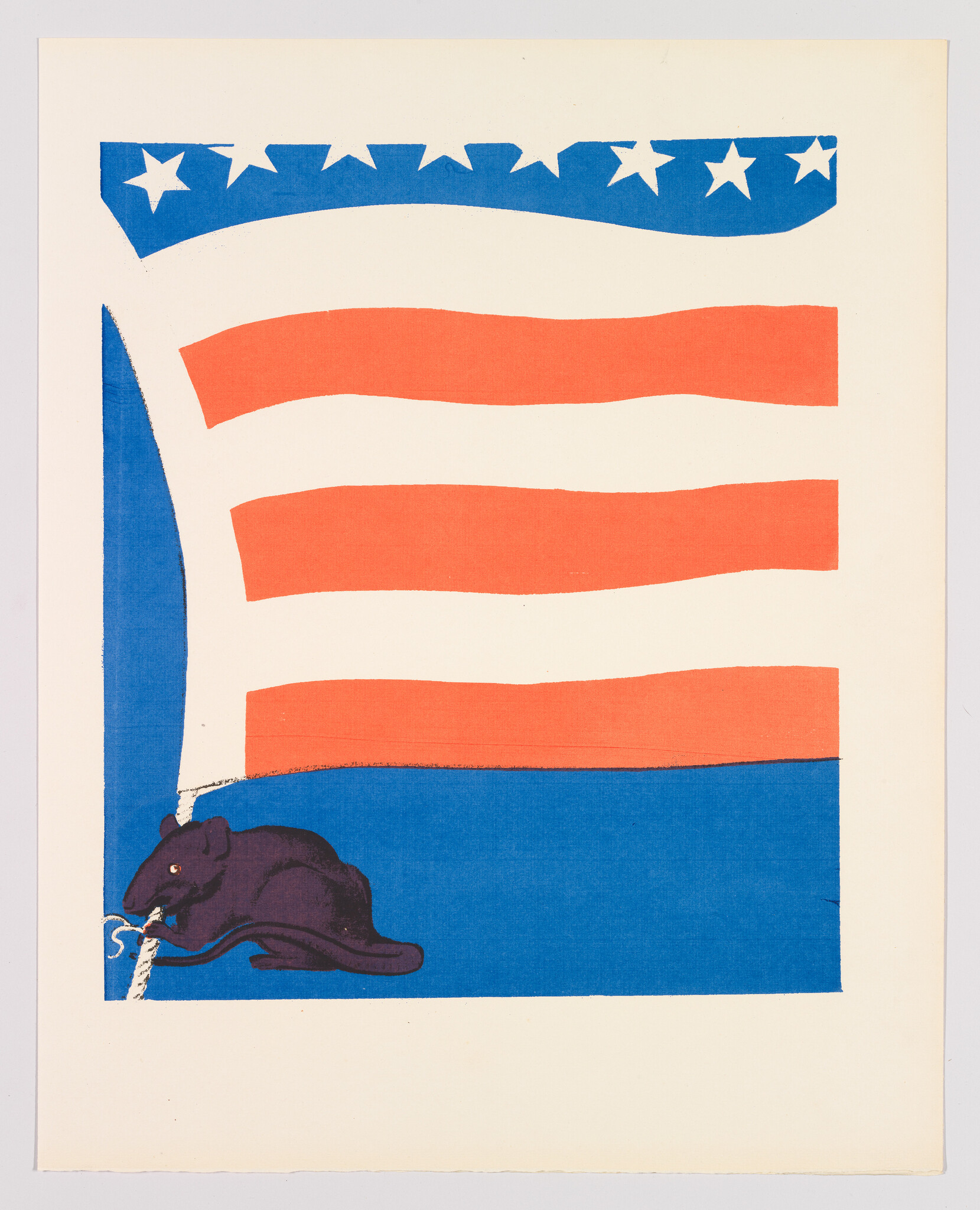 A black rat gnaws on a rope beneath a stylized American flag with red stripes and stars.