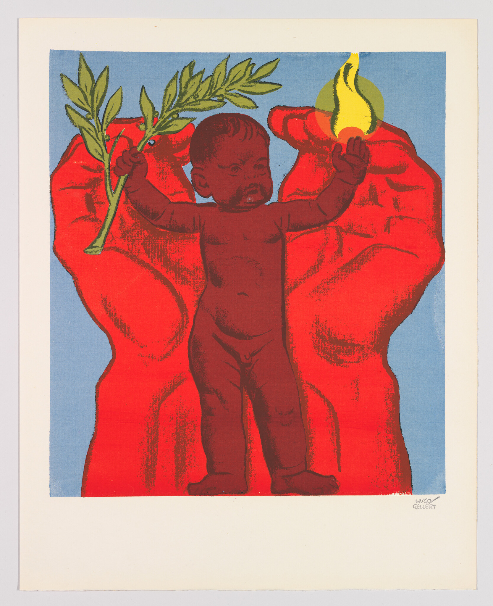 Illustration of a baby standing between two large red hands, holding an olive branch in one hand and a flame in the other, against a blue background. The artwork has a signature at the bottom right corner.