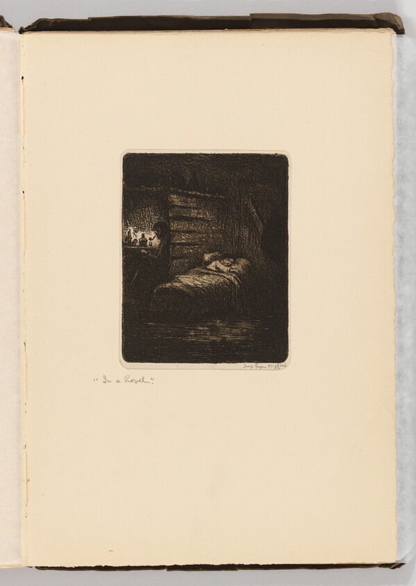 A person sleeps on a bed in a dim rustic room lit by a small window.