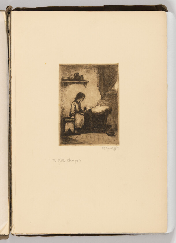 A young woman sitting on a stool gently tends a baby in a cradle by a hearth.