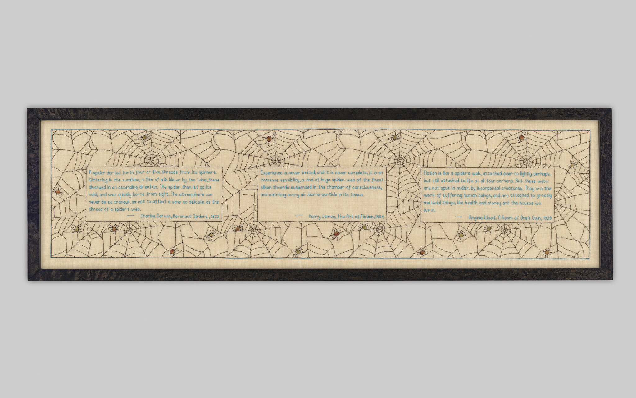 Framed artwork depicting a spider web with literary quotes about spiders from Darwin, Henry James, and Virginia Woolf.