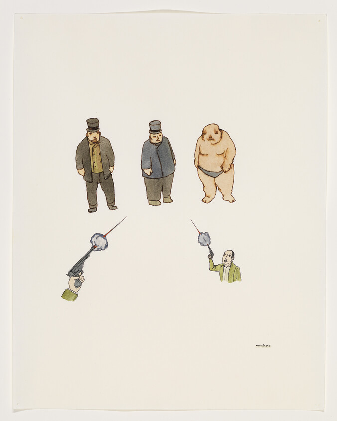 Three men stand while two others point guns at them, with smoke coming from the barrels.