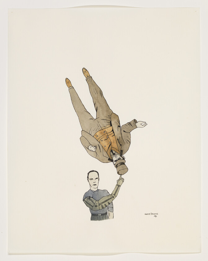 A man with a mechanical arm holds an upside-down man by the foot.