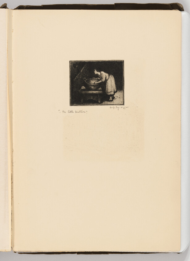 A woman leans over a large basin on a small table, washing clothes.