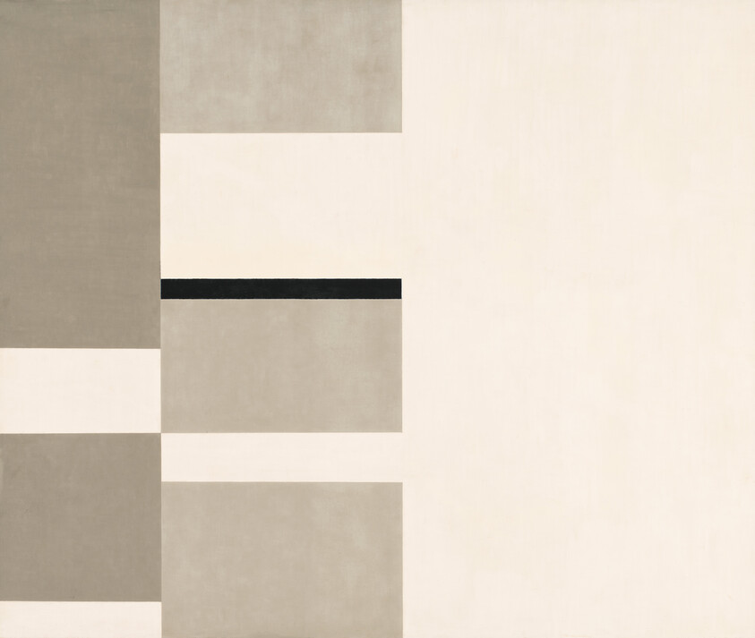 A minimalist arrangement of beige and gray rectangles with a thin black horizontal stripe on the left.