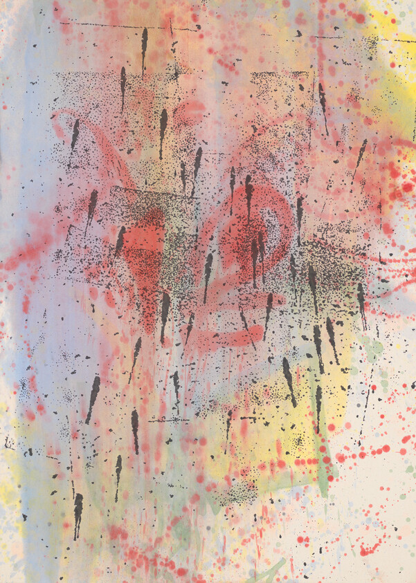 Abstract spray-painted artwork with red and yellow splatters, black drips, and scattered dot patterns.
