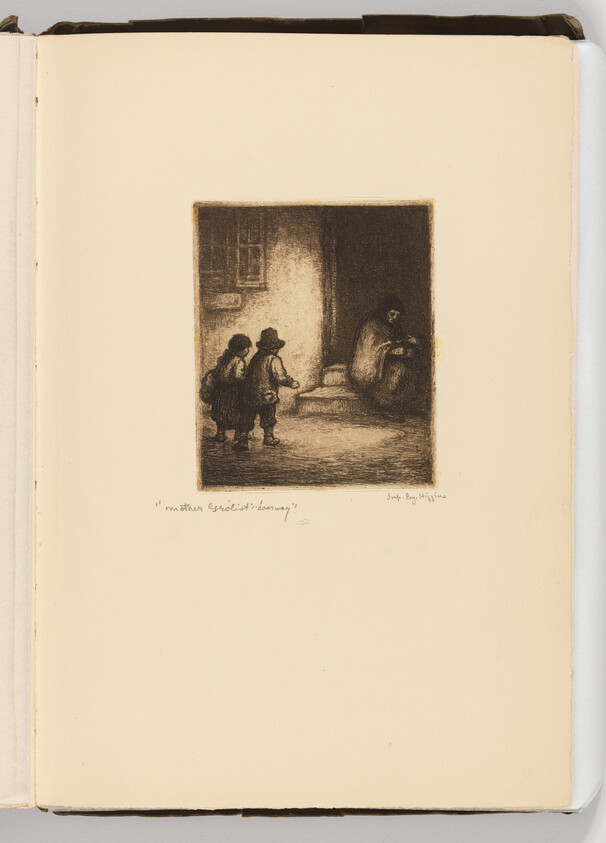 Two children approach a seated woman in a dim doorway, one child reaching out.