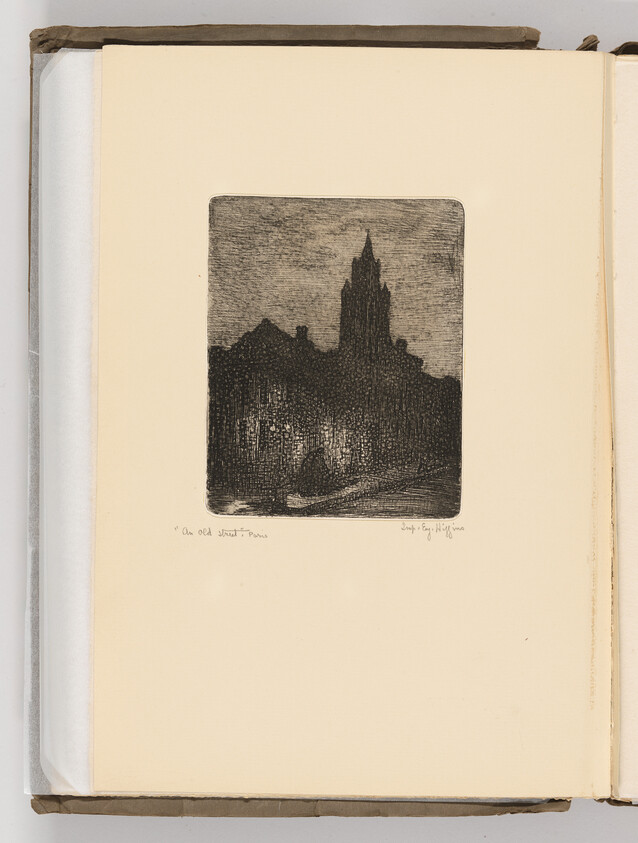 Etching of a dark city street with a tall church tower on an open book page.