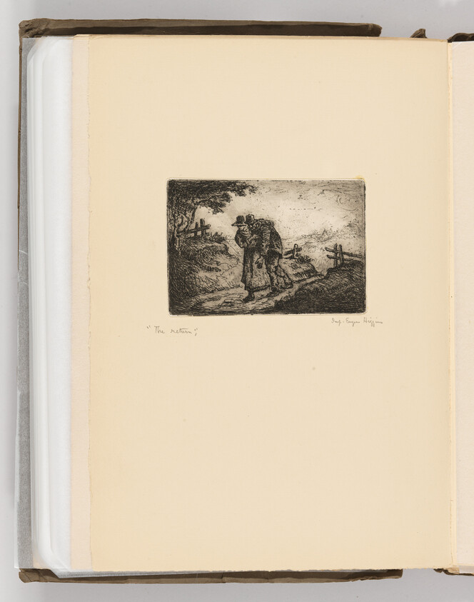 Two weary figures walk together along a rural path with fences and trees in an etching.