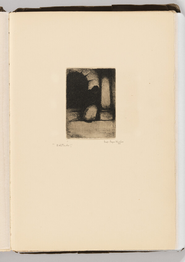 Small dark abstract etching centered on a large blank cream page.