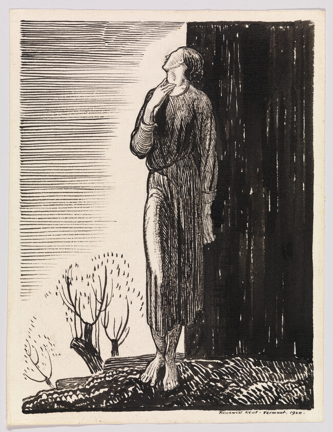 A barefoot figure in a long robe stands by a dark doorway, looking upward thoughtfully.