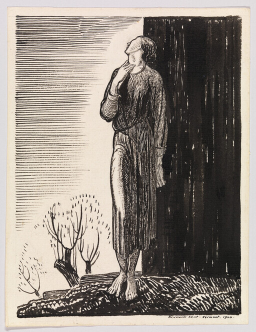 A barefoot figure in a long robe stands by a dark doorway, looking upward thoughtfully.