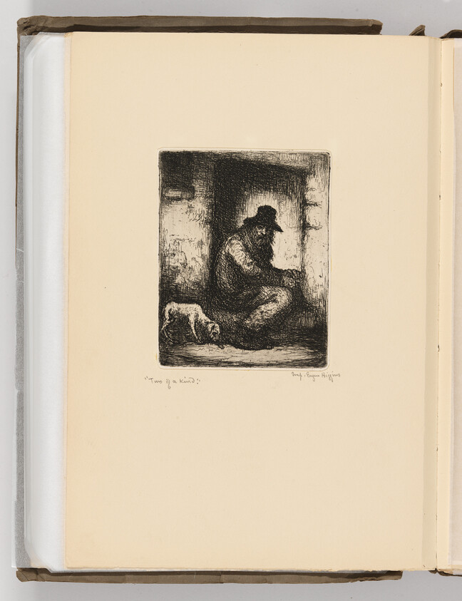 A seated man in a doorway holds something while a small dog sniffs the floor.