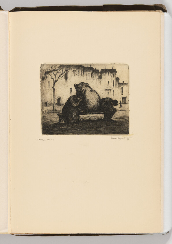 Three people bundled in coats sit closely on a park bench in front of old buildings.