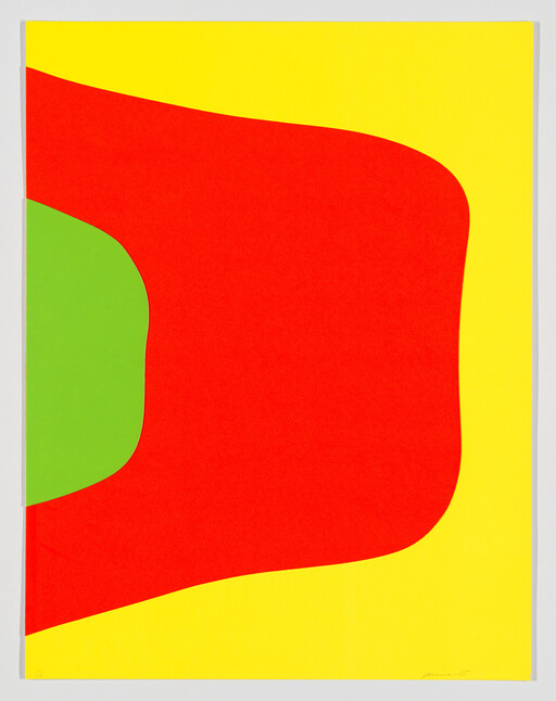 Large red rounded shape dominates bright yellow background with a smaller green curved form at left.