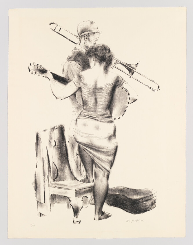 A woman and man stand with musical instruments, the woman holding a guitar and the man a trombone.