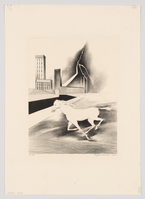 A white horse runs across a deserted urban landscape with lightning striking behind tall buildings.